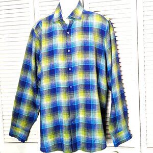 Robert Talbott Linen Shirt XL Long Sleeve Colorful Blue Yellow Plaid button down
